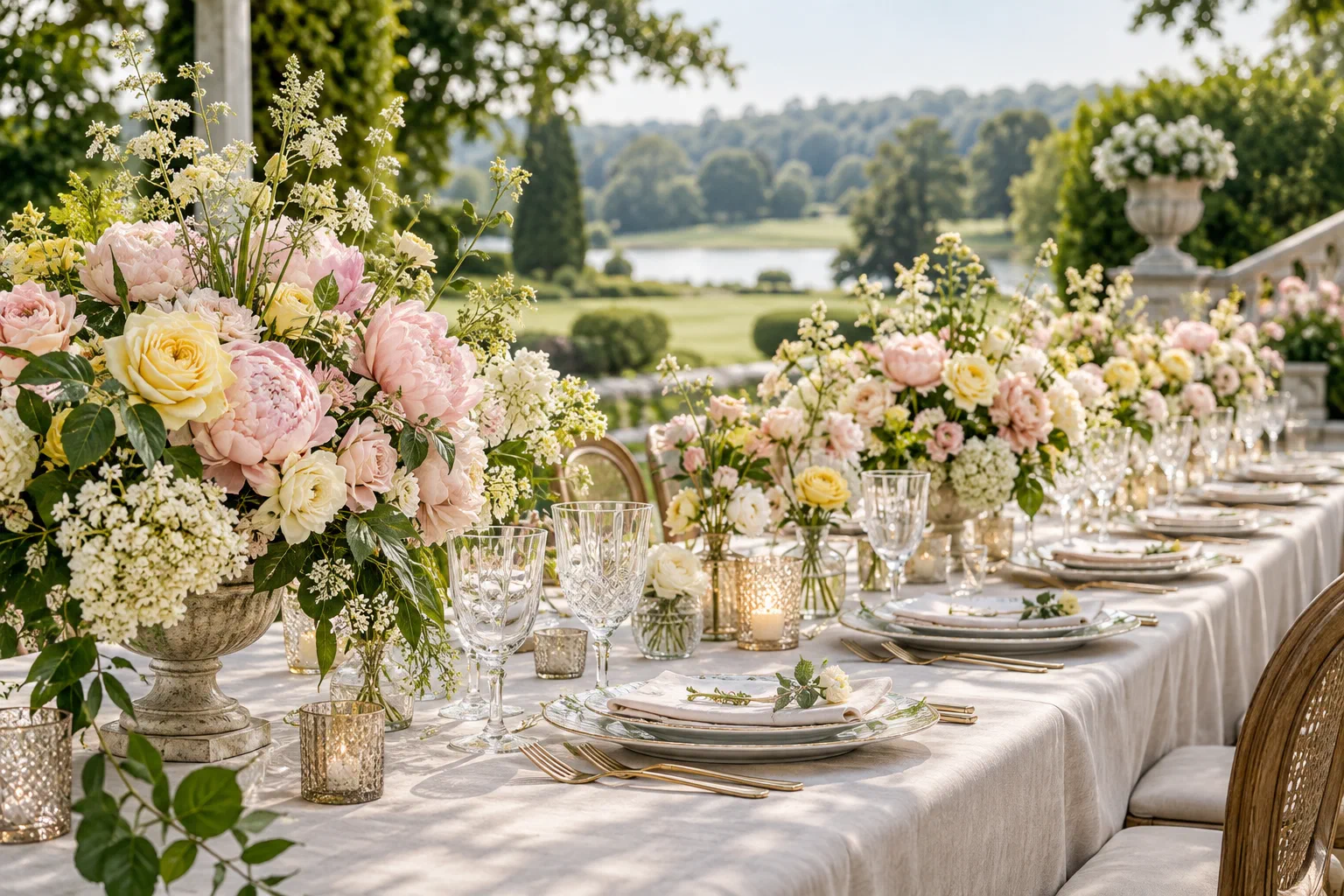 Pale pink and butter-yellow arrangements on an elegant celebration table