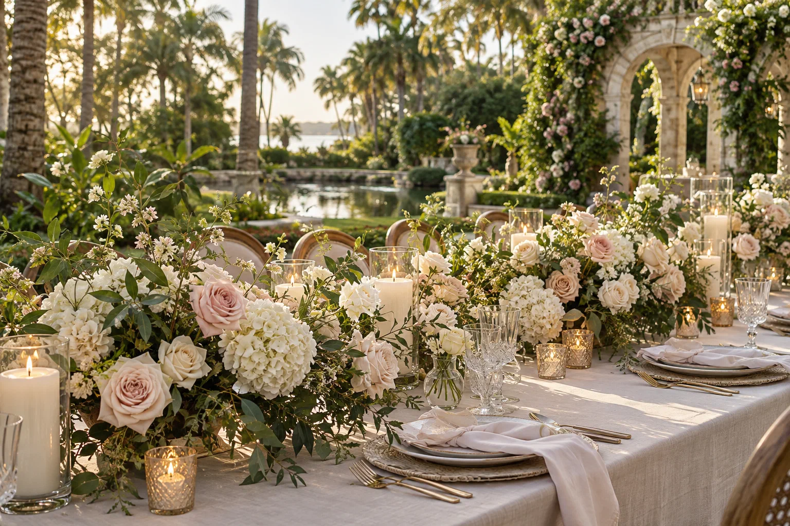 An ivory and blush floral tablescape in a sunlit garden