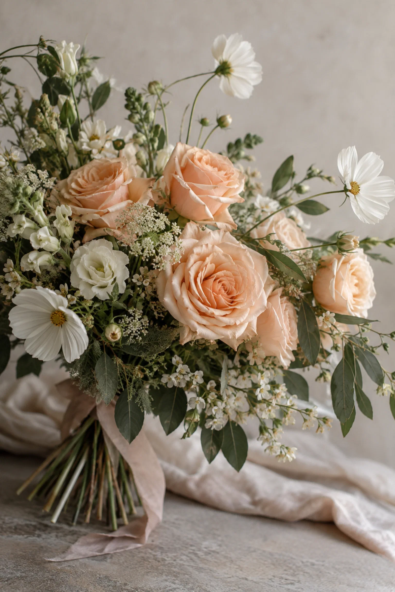 A loose, romantic bouquet of peach roses and delicate white flowers